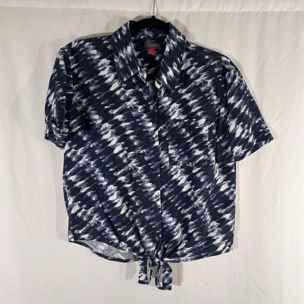 Vince Camuto Blouse Women's XS Blue Tie Dye Button Up Tie Short Sleeve Collared